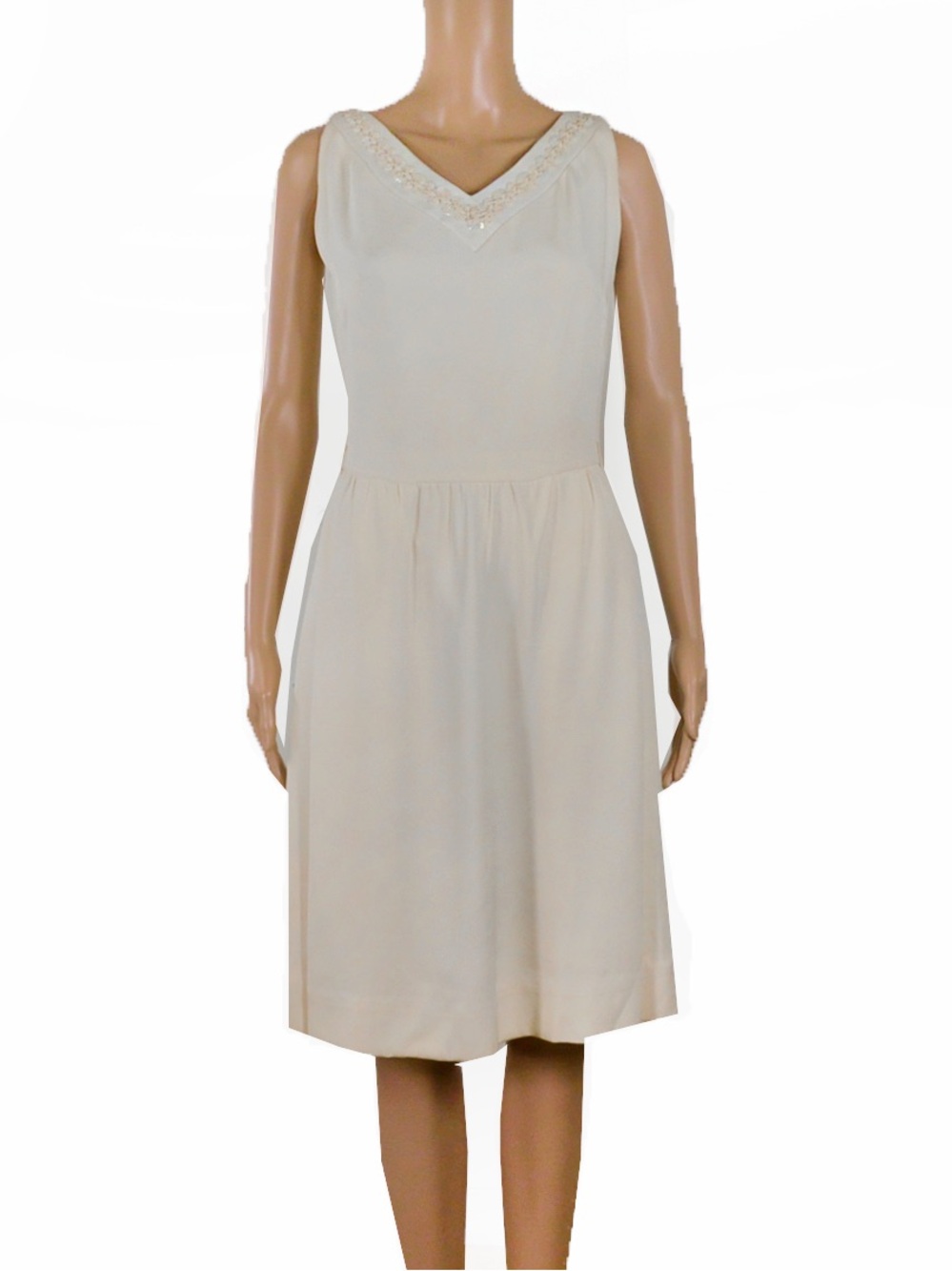 Vintage 1960s AlJean Cream White Floral Sequin Soutache Cocktail Dress 60s